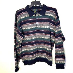 Vintage Club Room Lambs Wool Collar 1/4 Button Fair Isle Sweater Mens L Preppy